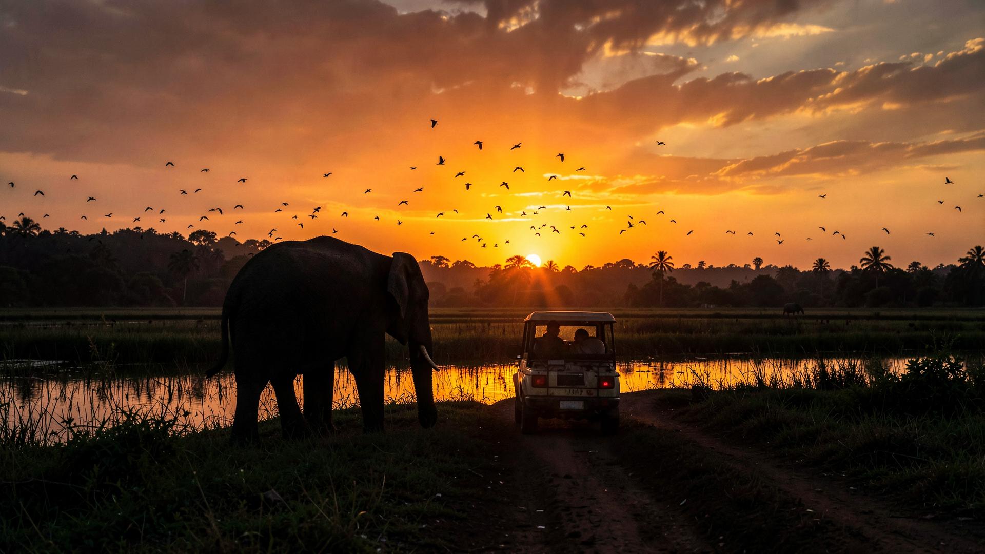 Elephant and safari jeep silhouetted against a Kumana sunset