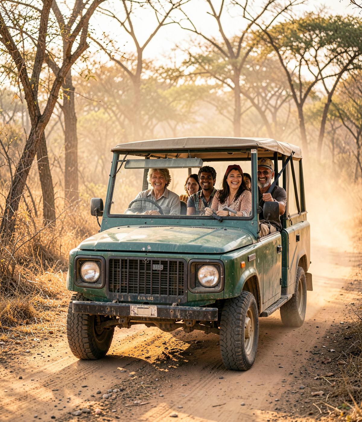 Guests smiling in an open safari jeep with a Sri Lankan guide on a forest track