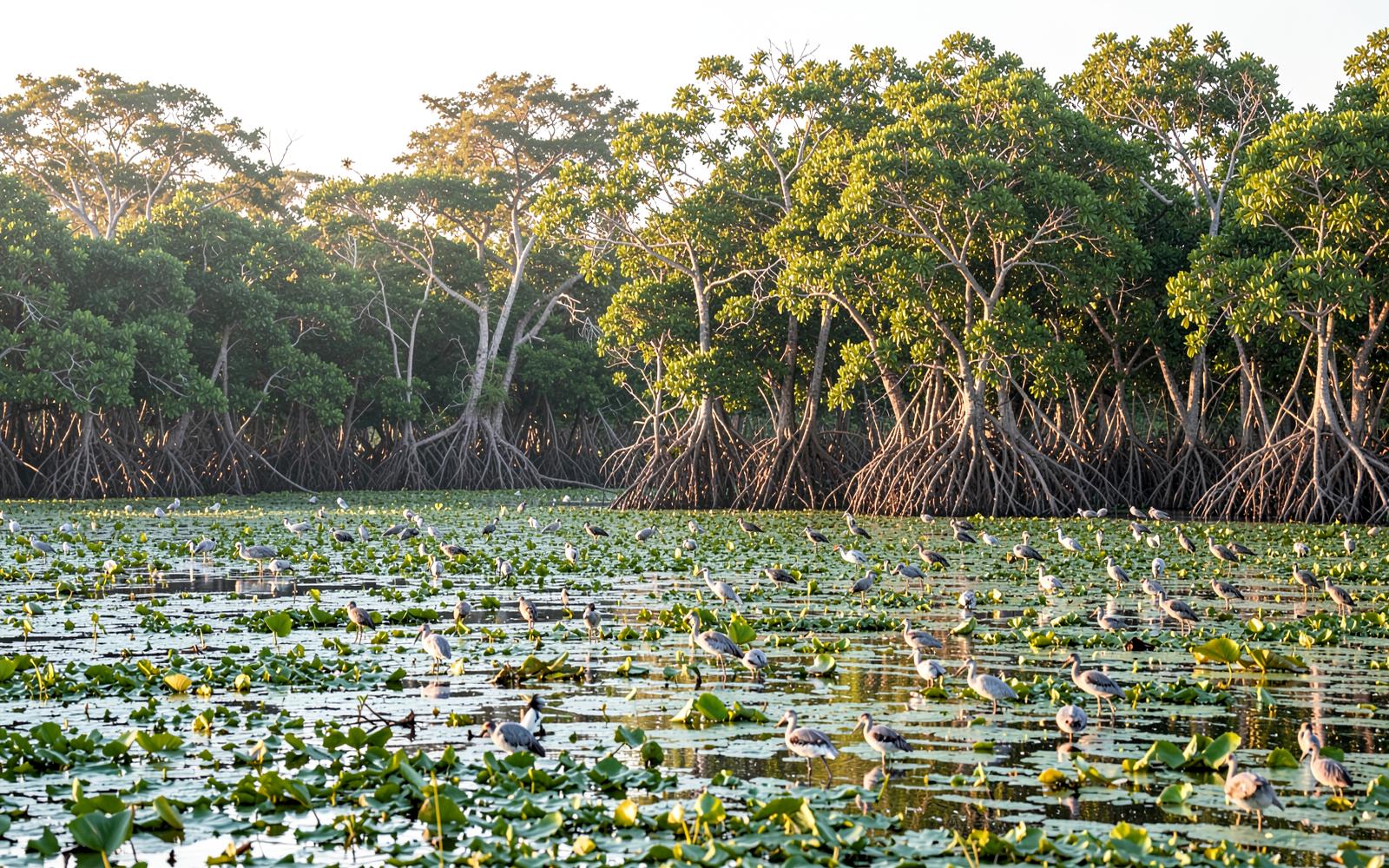 Kumana mangrove wetland covered in water lilies with flocks of wading birds