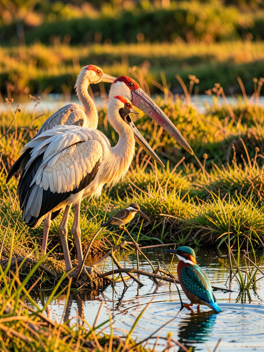 Wetland birds including storks and a kingfisher at a Sri Lankan lagoon