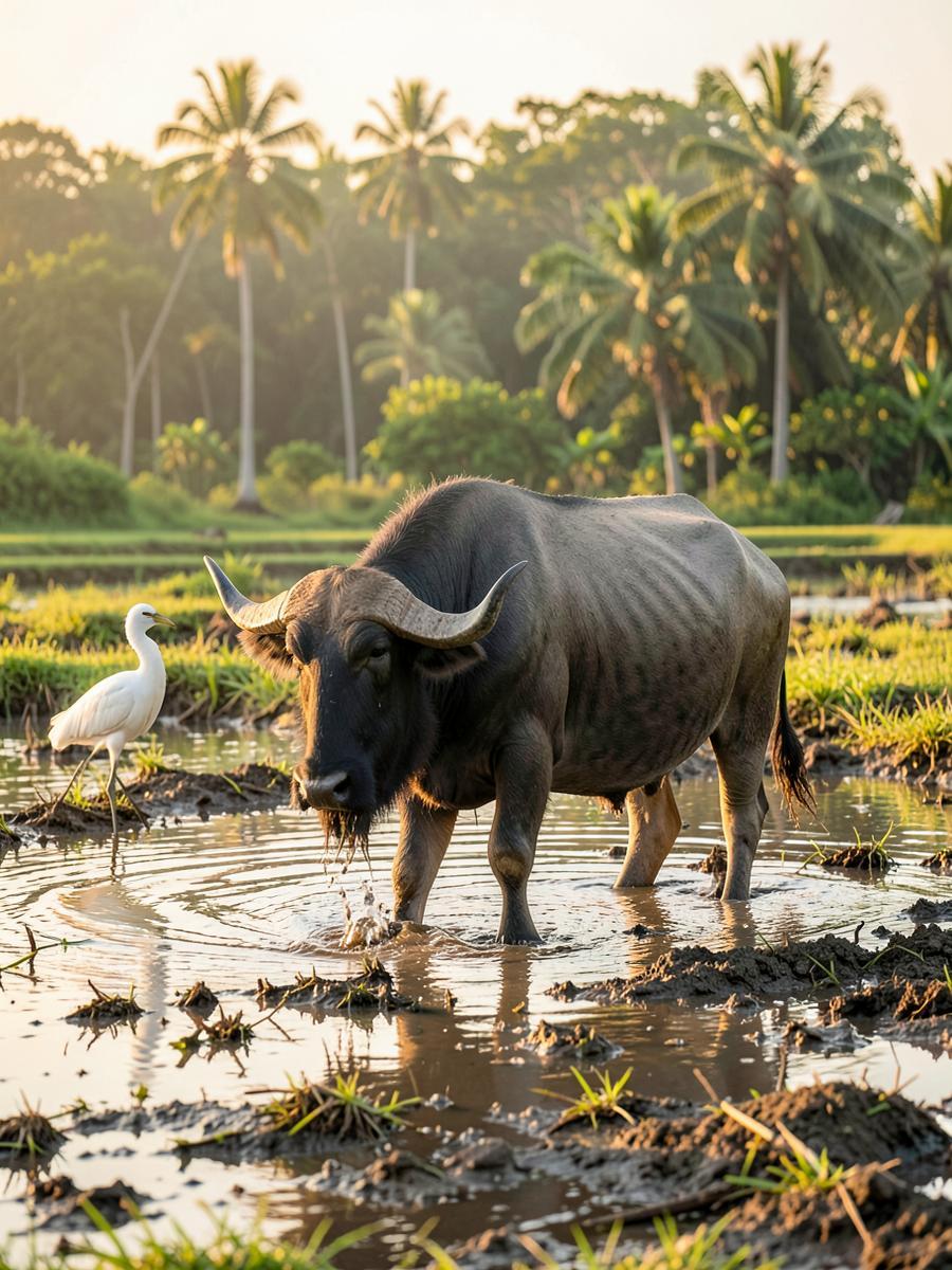 Wild water buffalo standing in a muddy lagoon with an egret nearby