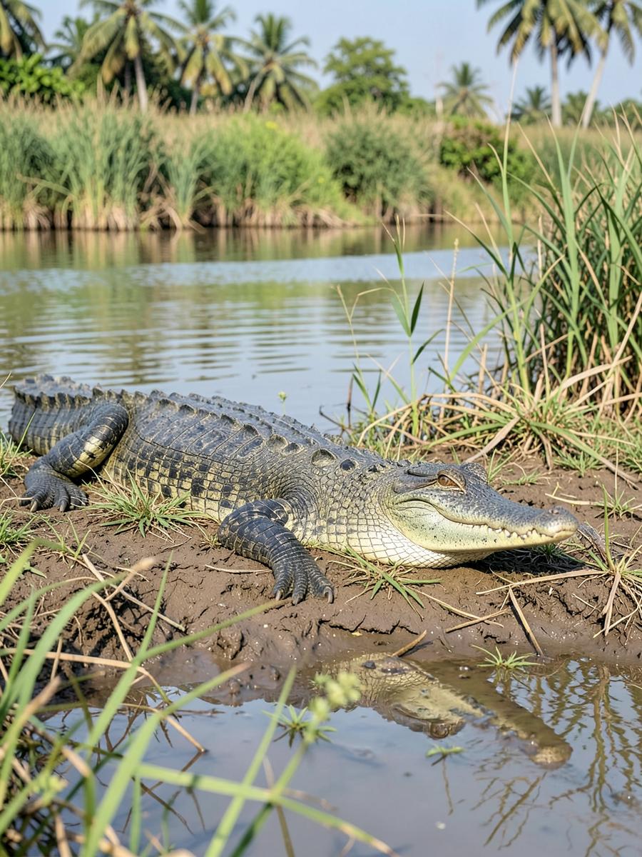 Mugger crocodile basking on a lagoon bank