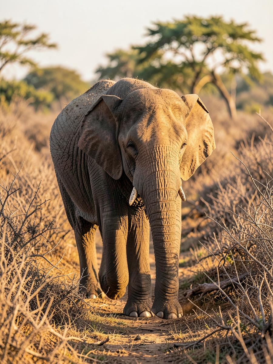 Wild Asian elephant walking through dry-zone scrub in Sri Lanka