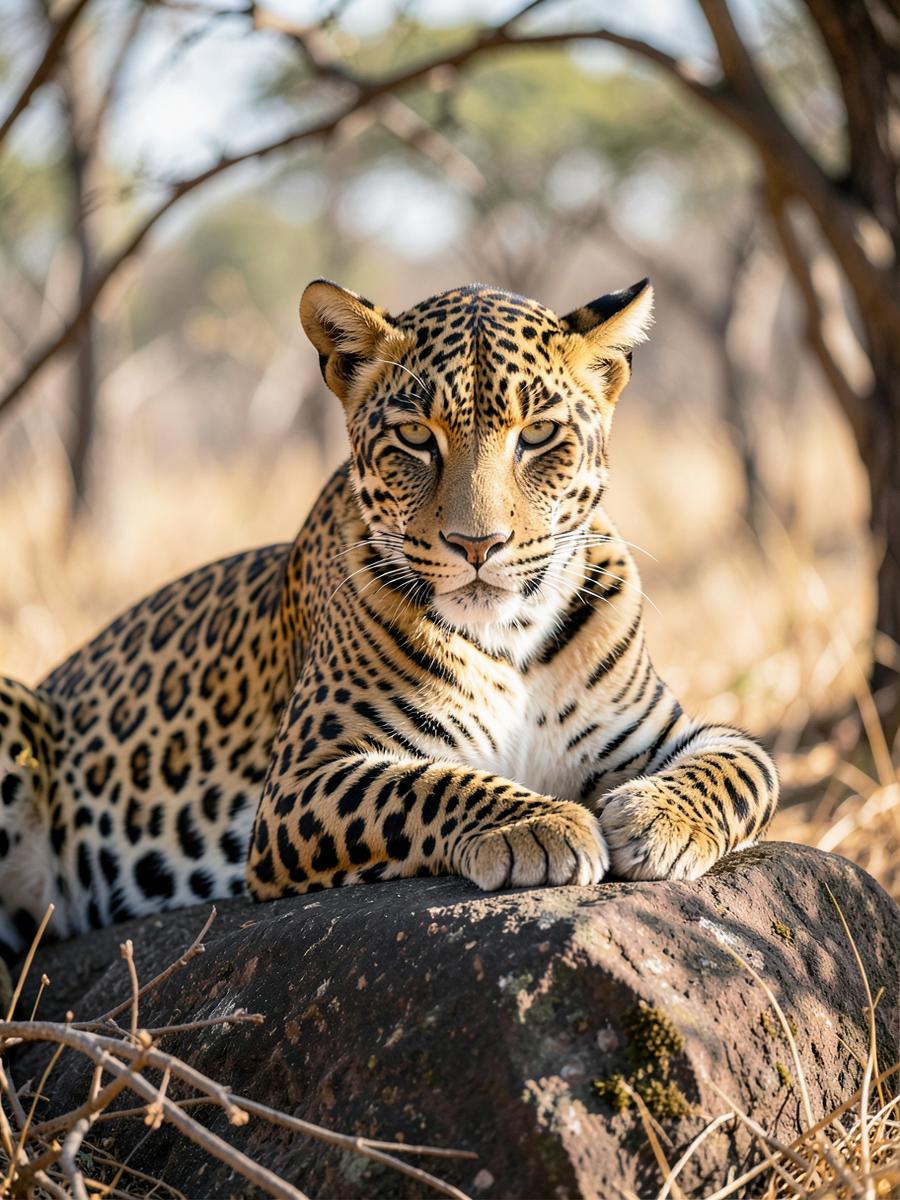 Sri Lankan leopard resting on a rock in dry forest